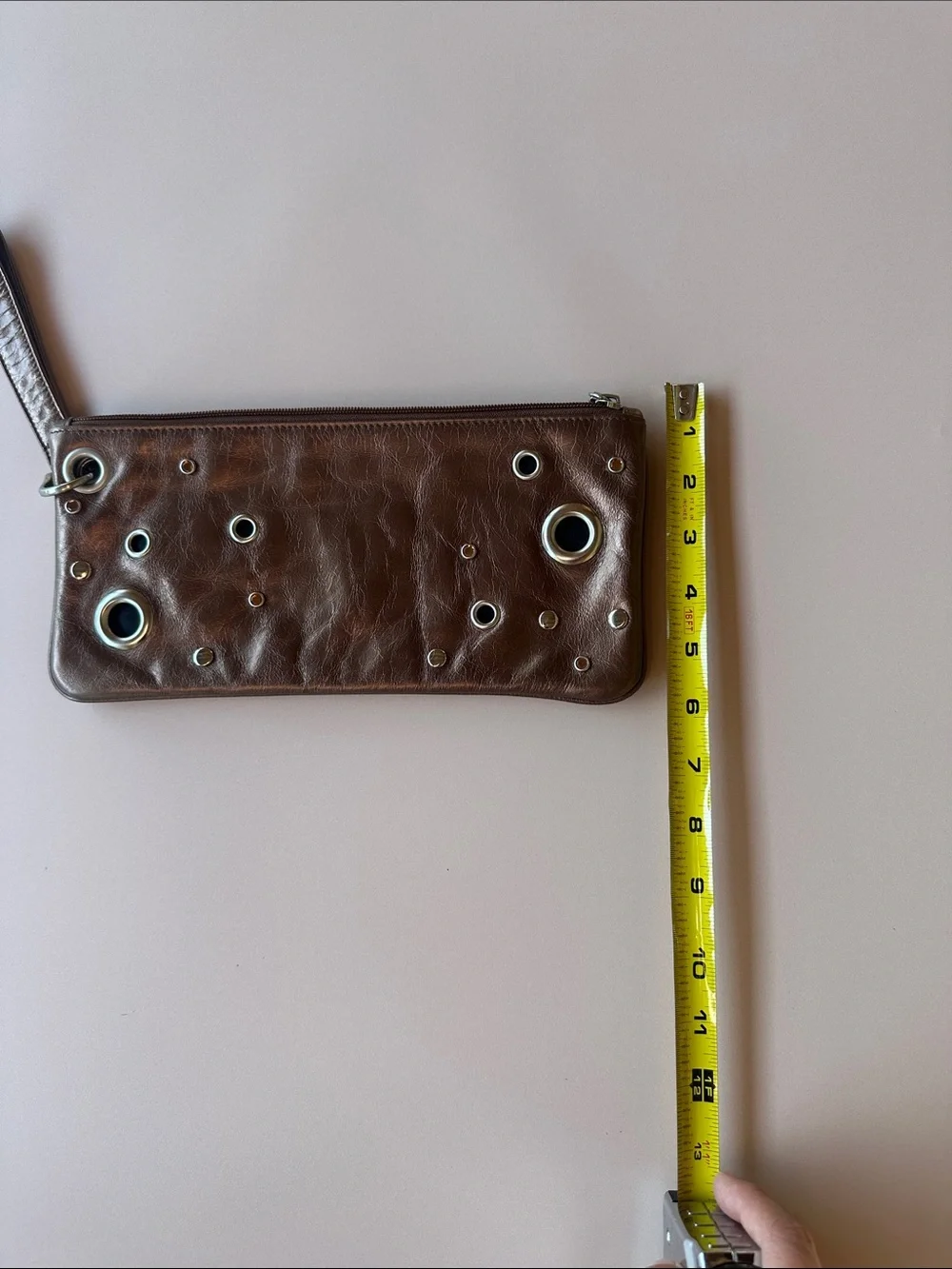 HOBO Brown bronze Leather Wristlet Clutch with Grommet Accents